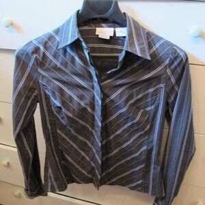 Worthington Button Up Blouse Gray with Blue/White stripes FITTED.
